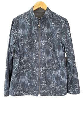 Susan Graver Denim Reversible Blazer Jacket Size M/L Blue Gray Leopard Full Zip